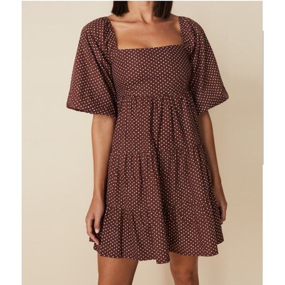 Faithfull the Brand Eryn Mini Dress Brown & White Polka Dot Puff Sleeve Sz 4 - Picture 11 of 12